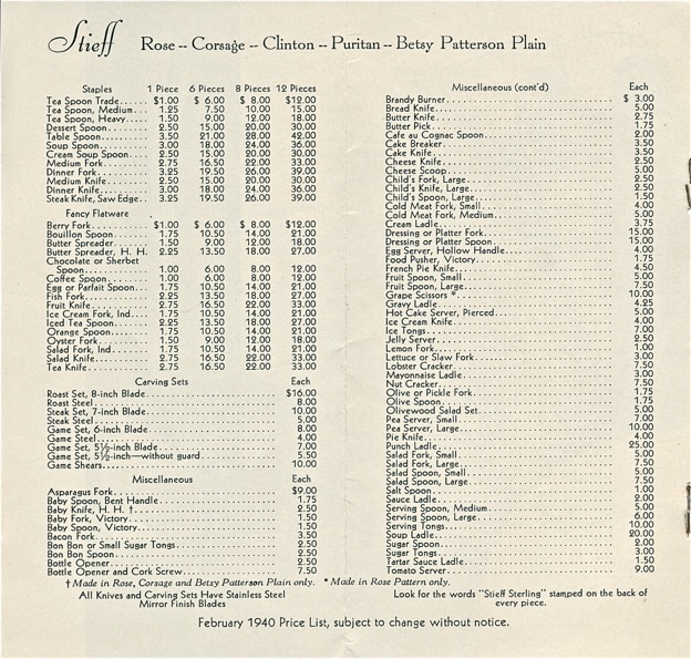 February 1940 Price list Flatware